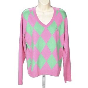 Lilly Pulitzer Lightweight Pink and Green Argyle V-Neck Sweater Size L